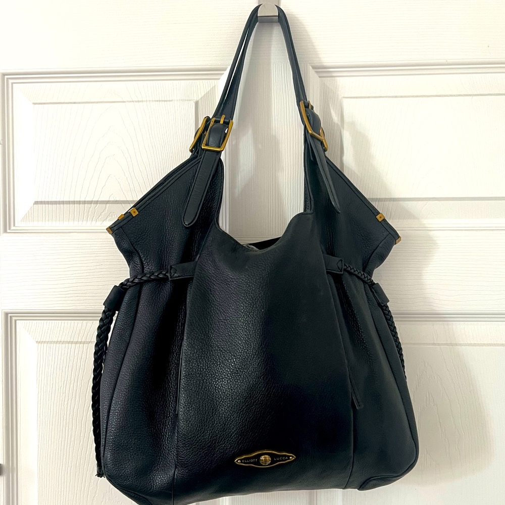 Elliott Lucca Aruba Pebbled Black Leather Drawstring Hobo Handbag